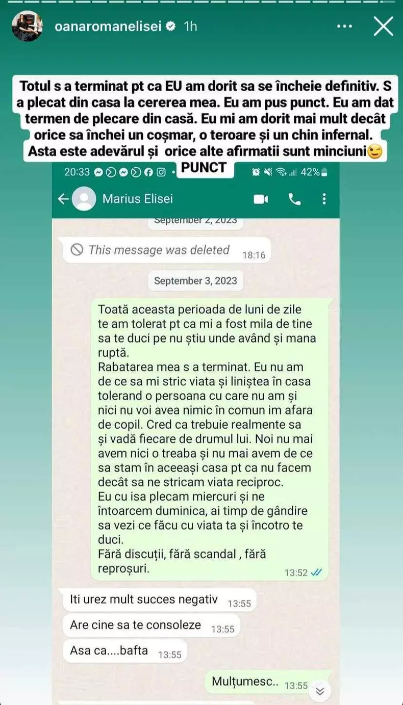 Oana Roman mesaj despartire