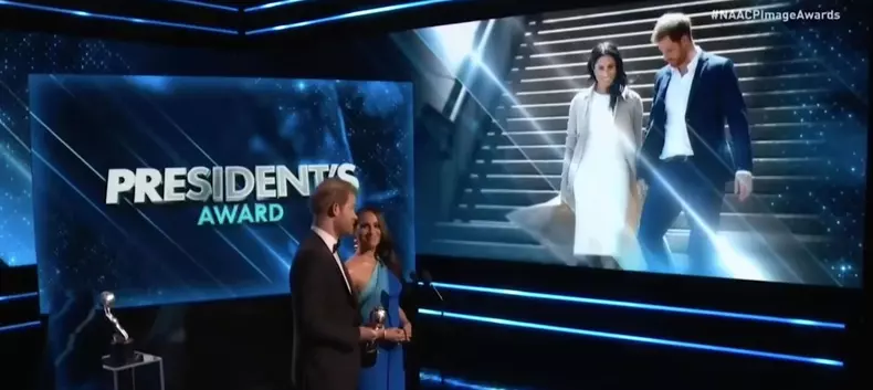 Prince Harry and Meghan Markle paid tribute to the people of Ukraine as they accepted the President's Award at the NAACP Image Awards