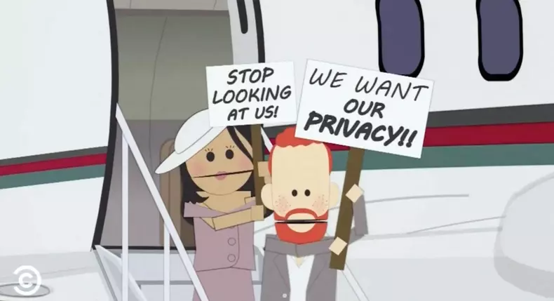 Capture d'écran d'un épisode de South Park parodie Meghan Markle et le prince Harry dans le dernier épisode "The Worldwide Privacy Tour"