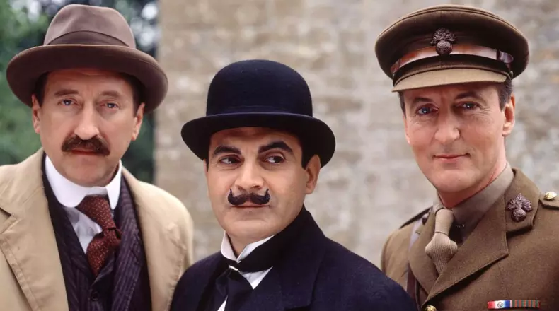THE MYSTERIOUS AFFAIR AT STYLES   1968 ITV production of the novel by Agatha Christie with from left: Philip Jackson (Chief Inspector Japp)  David Suchet (Hercule Poirot), Hugh Fraser (Lieutenant Hastings)