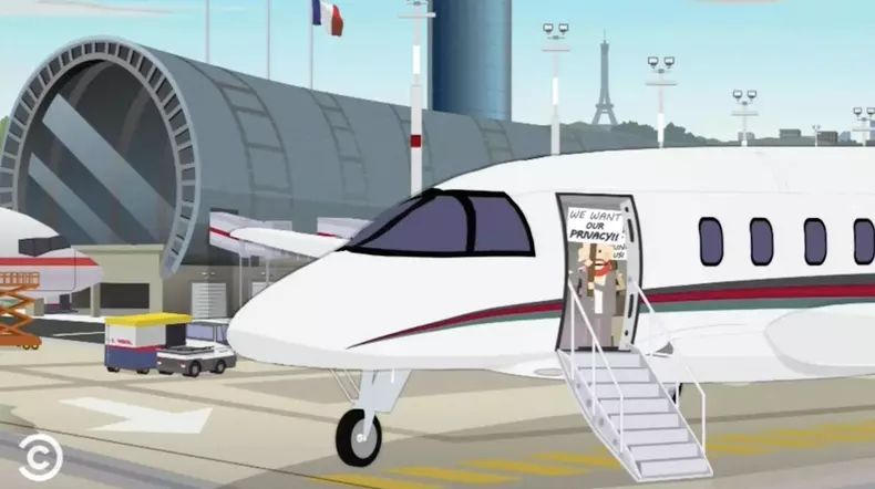 Capture d'écran d'un épisode de South Park parodie Meghan Markle et le prince Harry dans le dernier épisode "The Worldwide Privacy Tour"