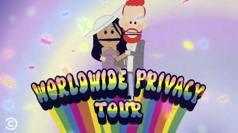 Capture d'écran d'un épisode de South Park parodie Meghan Markle et le prince Harry dans le dernier épisode "The Worldwide Privacy Tour"