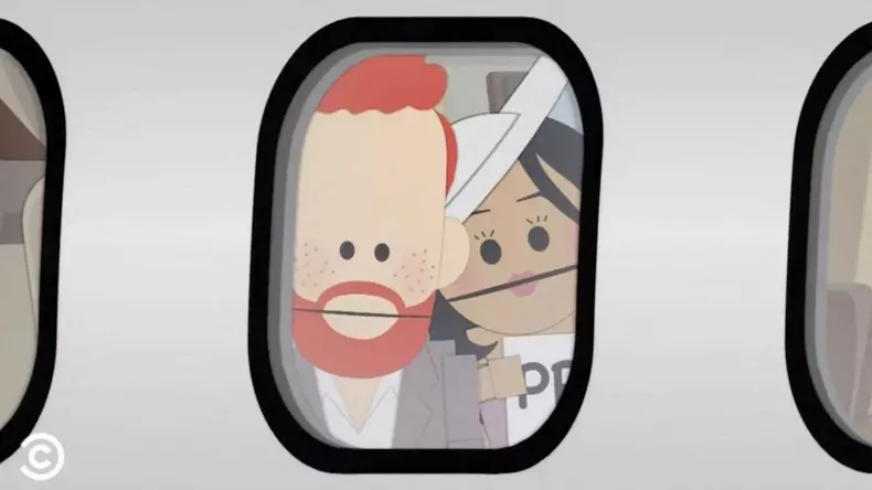 Capture d'écran d'un épisode de South Park parodie Meghan Markle et le prince Harry dans le dernier épisode "The Worldwide Privacy Tour"