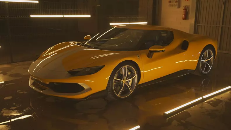 The Ferrari 296 GTB in the garage. (Cry Havoc Productions, Inc.)