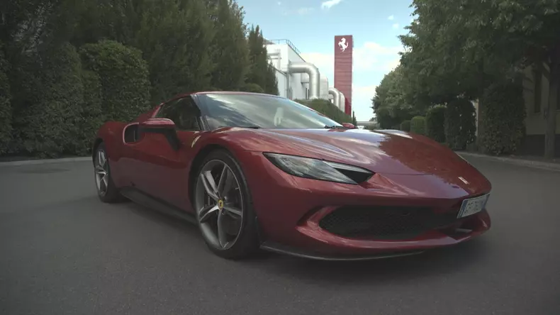 The Ferrari 296 GTB outside of the factory. (Cry Havoc Productions, Inc.)