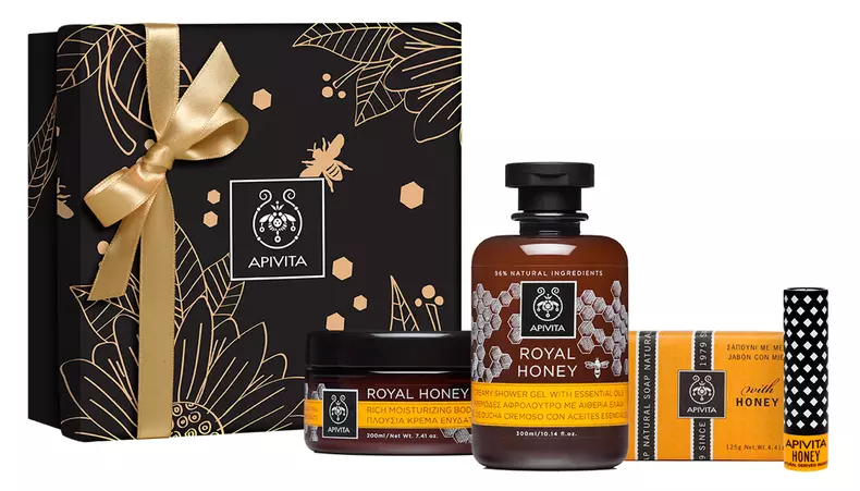 Set, cremă de corp, gel de duș, săpun și balsam de buze, Apivita, Royal Honey Treat, 149,97 lei
