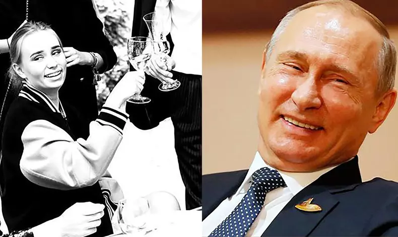 Young woman identified as Vladimir Putin's third daughter, known as both Elizaveta Krivonogikh and Luiza Rozova in a collage with president Vladimir Putin