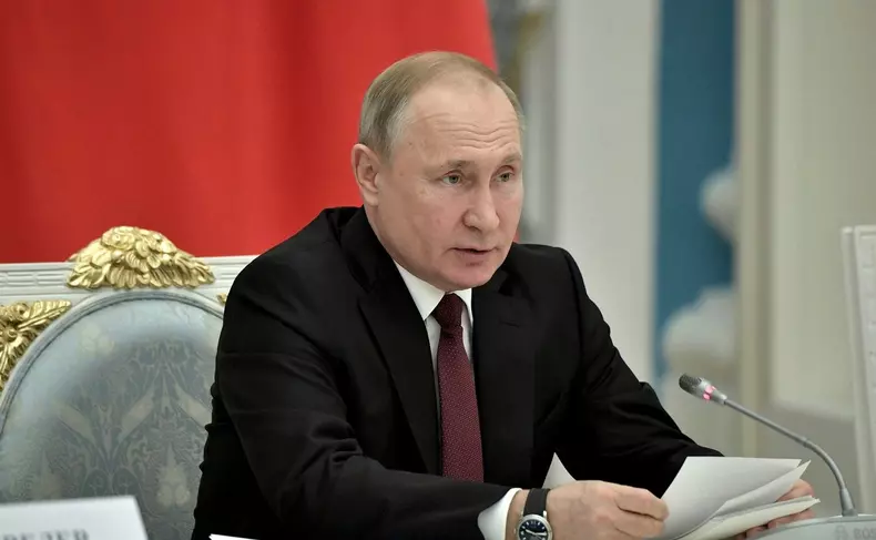 Moscow, Russia. 25 December, 2019. Russian President Vladimir Putin during the year end meeting of the Council for Strategic Development and National Projects at the Kremlin December 25, 2019 in Moscow, Russia.   Credit: Aleksey Nikolskyi/Kremlin Pool/Ala