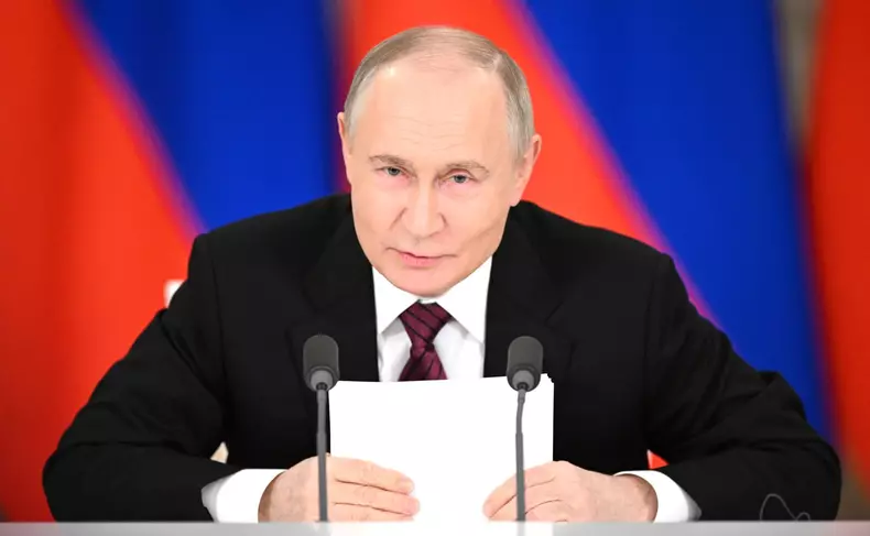 Russian President Vladimir Putin delivers a press statement at the conclusion of Victory Day celebrations