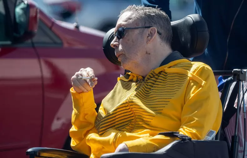 EXCLUSIVE: Smoke Show! Legendary Actor Tim Curry Looks Cool In Yellow Track Jacket While Smoking A Cigarette As He Celebrates His 78th Birthday In LA - 18 Apr 2024