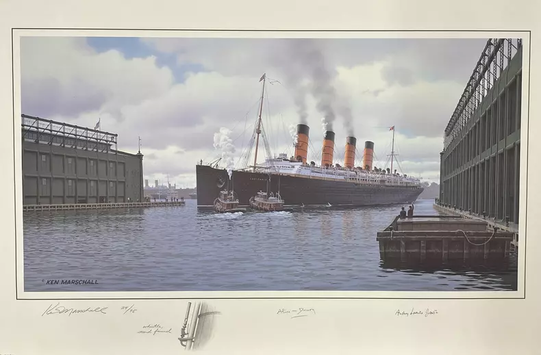 RMS Titanic by H Brookes, signed by two survivors