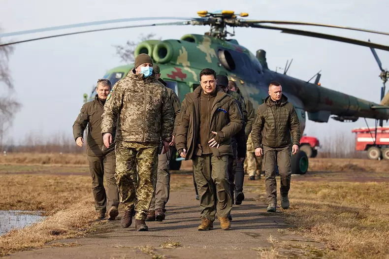 Ukrainian President Volodymyr Zelensky Visits a Military Drill Northern Ukraine, Rivne - 16 Feb 2022