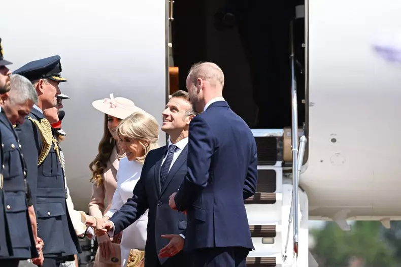French President Emmanuel Macron and his wife Brigitte Macron are greeted by Prince William, Prince of Wales and Catherine, Princess of Wales upon arrival at RAF Northolt, west of London, on July 8, 2025, on the first day of a three-day state visit to Bri