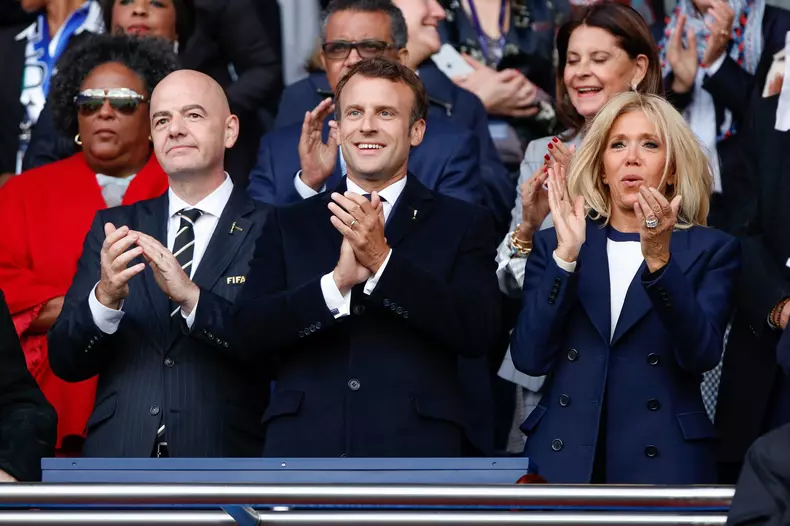 French President Emmanuel Macron, Brigitte Macron  watch the opening match between France and South Korea at the 2019 FIFA Women's World Cup in Pairs, France, June 7, 2019.