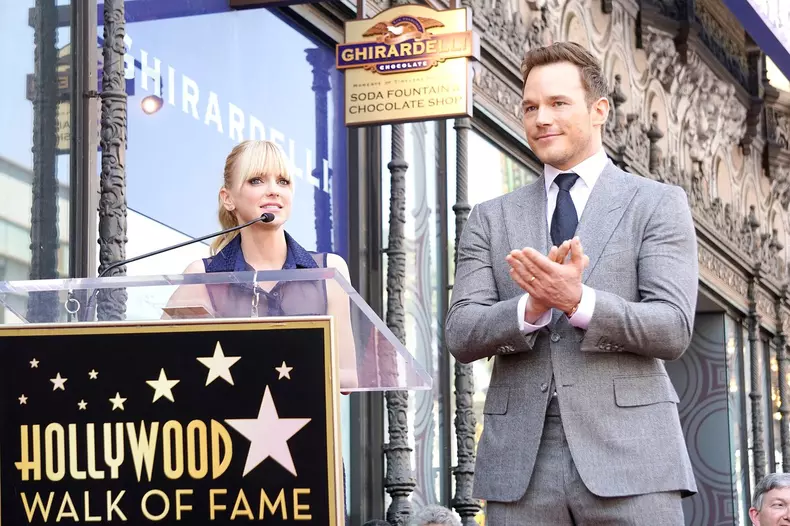 Chris Pratt and guests at a ceremony as he is honored with a star on the Hollywood Walk of Fame