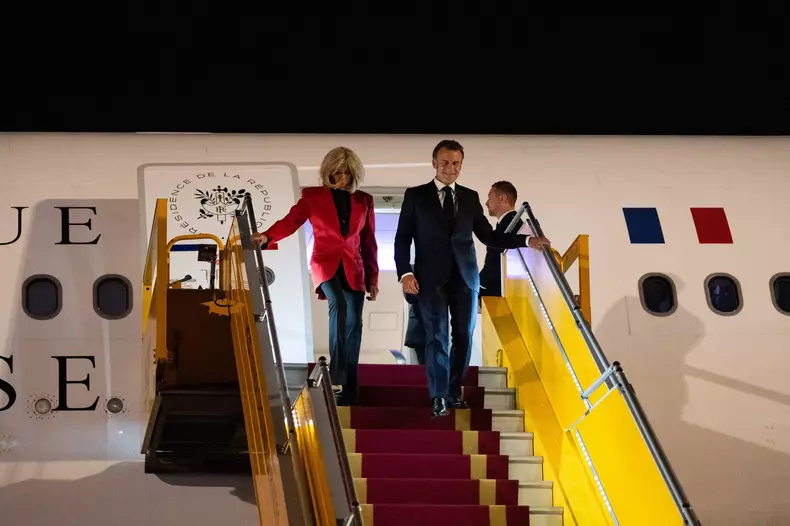 Vietnam: Arrival of Emmanuel Macron and Brigitte Macron at Hanoi Airport.