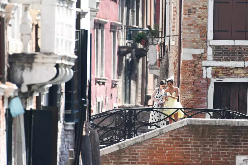 Lily Collins and Ashley Park on Emily in Paris Set - Venice