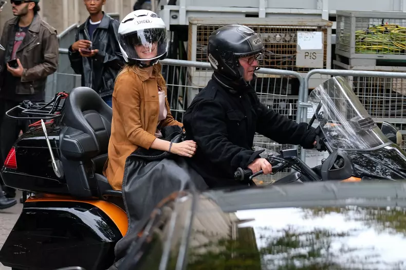 PFW - Emma Watson Leaving Miu Miu Show On Moto Taxi