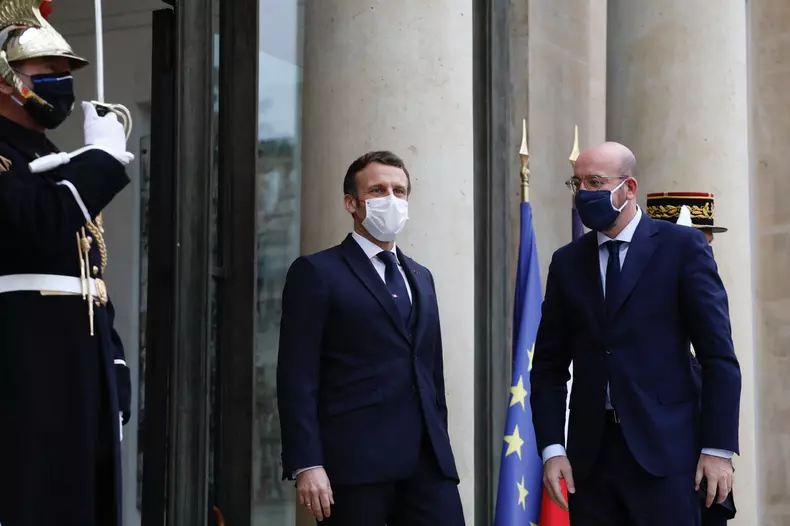 France, ParisPEC at at the 60th anniversary of the signing of OECD's Convention. French President Emmanuel Macron meets the President of the European Council Charles Michel