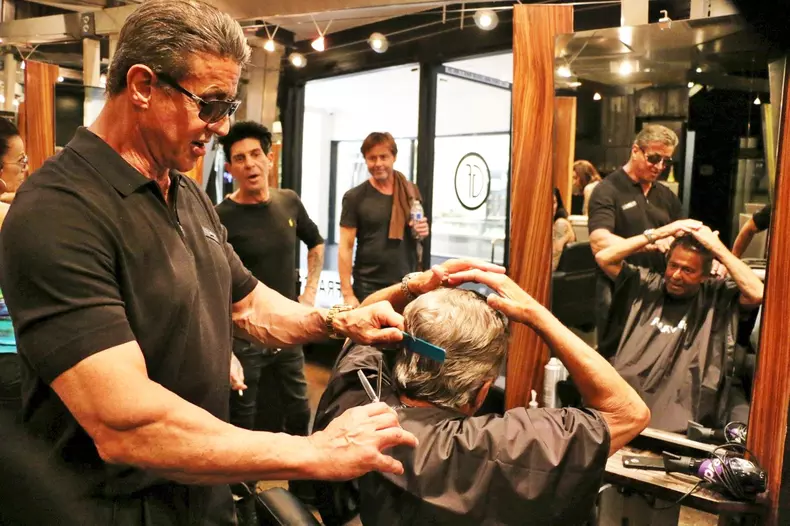 EXCLUSIVE: Sylvester Stallone Cuts His Friend's Hair At Salon