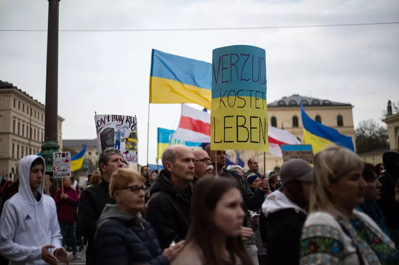 Demo for arms deliveries to Ukraine in Munich, Bavaria, Germany - 23 Apr 2022