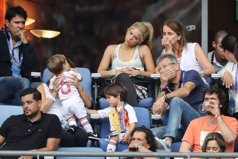 Shakira, wife of Gerard Pique and their two sons, Milan Pique Mebarak and Sasha Pique Mebarak at the match Italy v Spain in Paris