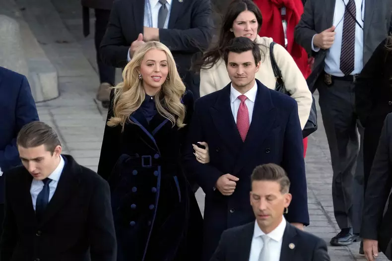 Washington DC, USA. 20th Jan, 2025. Jan 20, 2025; Washington, DC, USA; Tiffany Trump and her husband Michael Boulos depart at the end of inaugural ceremonies at the U.S. Capitol. Credit: Jack Gruber/Pool via CNP /MediaPunch Credit: MediaPunch Inc/Alamy Li