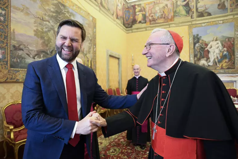The Vice President of the United States James David Vance meets with Vatican Secretary of State, Cardinal Pietro Parolin at the Vatican on April 19, 2025. They discussed together peace, religious freedom and migration. Photo by (EV) Vatican media/ABACAPRE