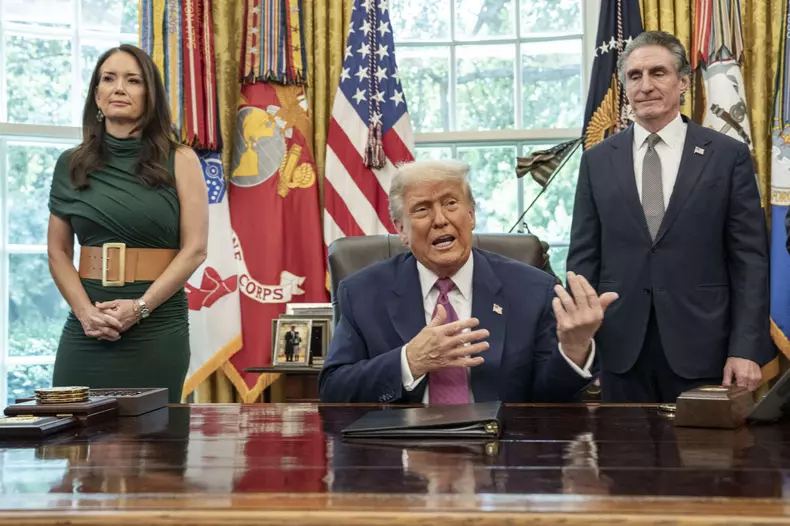 US Presdient Trump Speaks in the Oval Office at the White House on Fires and LA Protests