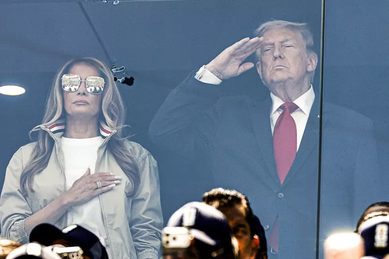 EAST RUTHERFORD, NEW JERSEY - (LR) First Lady Melania Trump, United States President Donald Trump during the 2026 FIFA World Cup final between Spain and Argentina at the New York/New Jersey Stadium on July 19, 2026, in East Rutherford, New Jersey, United
