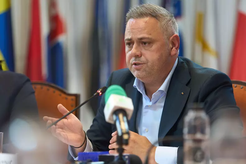 Bucharest, Romania. 15th Oct, 2024: Florin Ionut Barbu, Romanian Minister of Agriculture and Rural Development, holds a press conference at the headquarters of the ministry, in Bucharest. Credit: Lucian Alecu/Alamy Live New