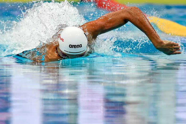 Budapest, Hungary. 22nd June, 2022. David Popovici of Romania competes in the 100m Freestyle men Final during the FINA 19th World Championships at Duna Arena in Budapest (Hungary), June 22th, 2022. David Popovici placed first winning the gold medal. Photo