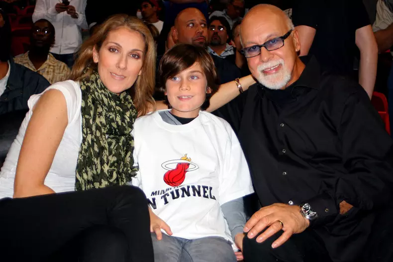 Celine Dion, Rene-Charles Angelil, Rene Angelil watch the Boston Celtics vs Miami Heat.
