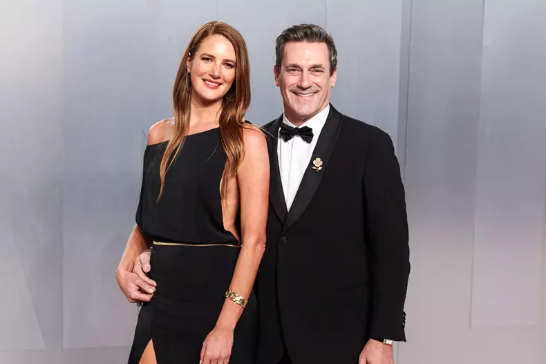 MUSEUM ROW, MIRACLE MILE, LOS ANGELES, CALIFORNIA, USA - MARCH 15: Anna Osceola and Jon Hamm arrive at the 2026 Vanity Fair Oscar Party (98th Annual Academy Awards) Hosted By Mark Guiducci held at the David Geffen Galleries at the Los Angeles County Museu