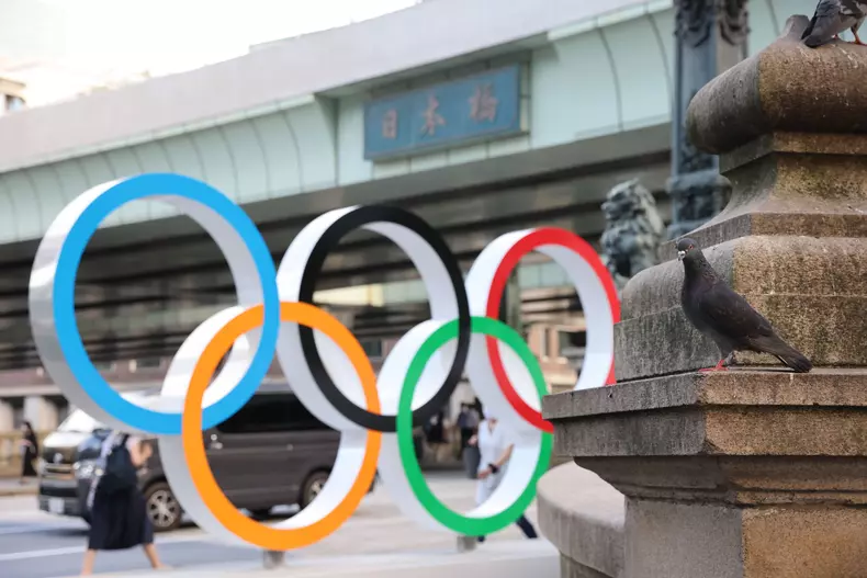 Olympic Rings at the Nihonbashi bridge in Tokyo, Japan - 21 July 2021