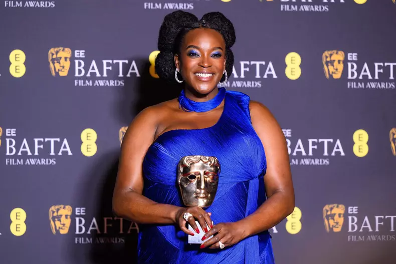 London, UK. 22 February 2026. Wunmi Mosaku, winner of the Best Supporting Actress award for "Sinners" during the 79th British Academy Film Awards, at the Royal Festival Hall, Southbank Centre, London. Photo credit should read: Matt Crossick/Alamy Live New