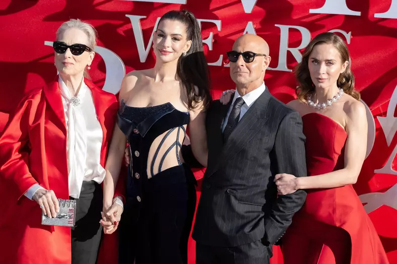 Meryl Streep, Anne Hathaway, Stanley Tucci and Emily Blunt attends "The Devil Wears Prada 2" European Premiere in London, UK on April 23, 2026. Photo by James Warren/Famous/ABACAPRESS.COM