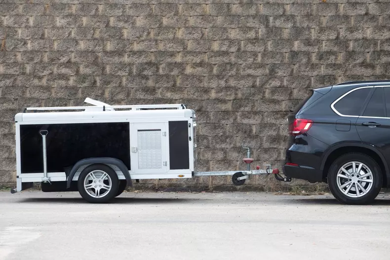 Parked,Travel,Dog,Trailer.,All-road,Vehicule,Hooked