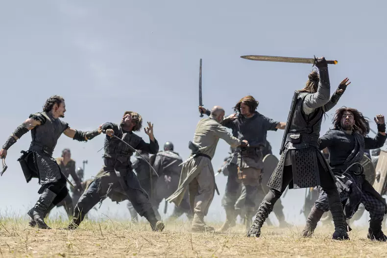 Arnas Fedaravicius as Sihtric, Cavan Clerkin as Pyrlig and Alexander Dreymon as Uhtred