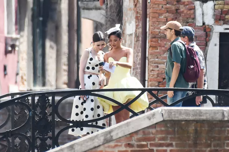 Lily Collins and Ashley Park on Emily in Paris Set - Venice