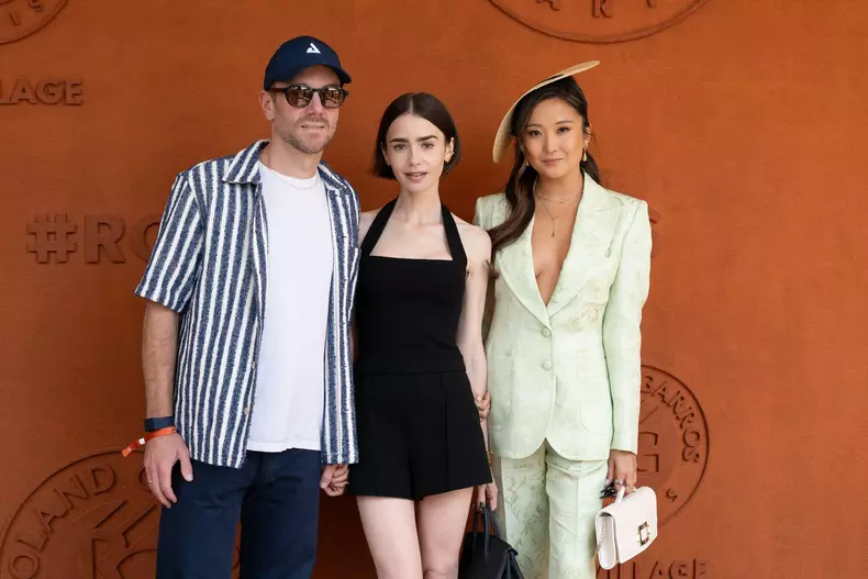 Charlie McDowell, Lily Collins and Ashley Park attends the 2026 French Open at Roland Garros on June 7, 2026 in Paris, France. Photo by Laurent Zabulon/ABACAPRESS.COM Credit: Abaca Press/Alamy Live News