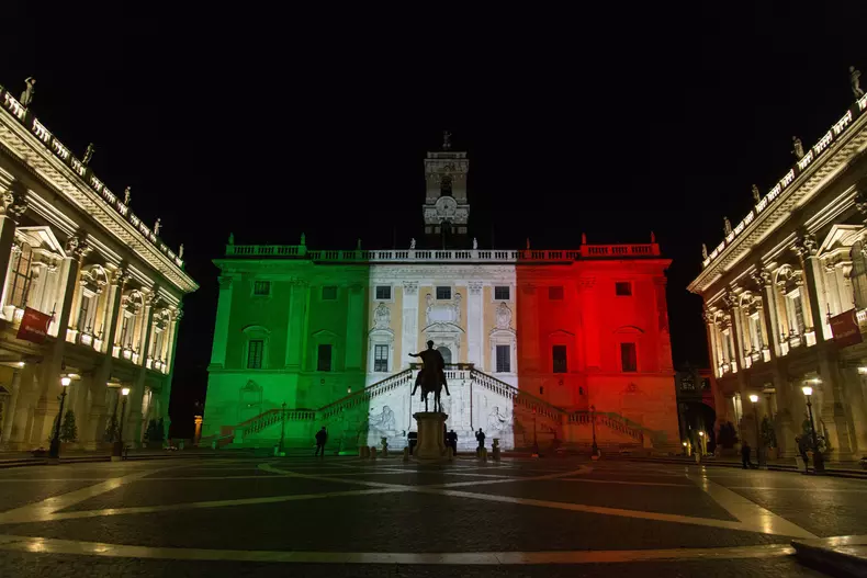 Capitol illuminated with colors of Italian Flag