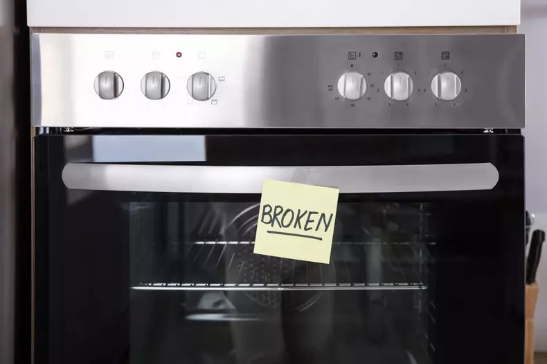 Close-up,Of,A,Oven,With,Sticky,Notes,Showing,Broken,Text