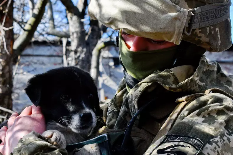 Ukrainian servicemen at the frontline in Verkhnotoretske, Ukraine - 20 Feb 2022