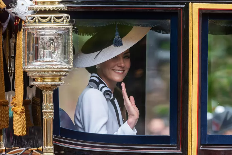 Kate Middleton, Catherine, Princess of Wales, at Trooping the Colour 2024. Riding in a coach in her first official public outing following cancer