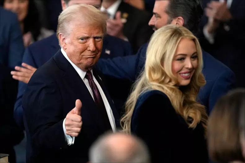 Washington, United States. 20th Jan, 2025. President reacts and Tiffany Trump smiles during the 60th Presidential Inauguration in the Rotunda of the U.S. Capitol in Washington, DC, USA on January 20, 2025. Photo by Julia Demaree Nikhinson/POOL/ABACAPRESS.