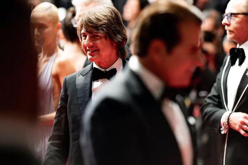 CANNES, FRANCE - MAY 14: (L-R) Eddie Hamilton, Hayley Atwell, Greg Tarzan Davis, Angela Bassett, Tom Cruise, Pom Klementieff and Christopher McQuarrie