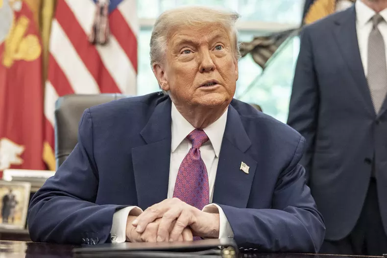 US Presdient Trump Speaks in the Oval Office at the White House on Fires and LA Protests