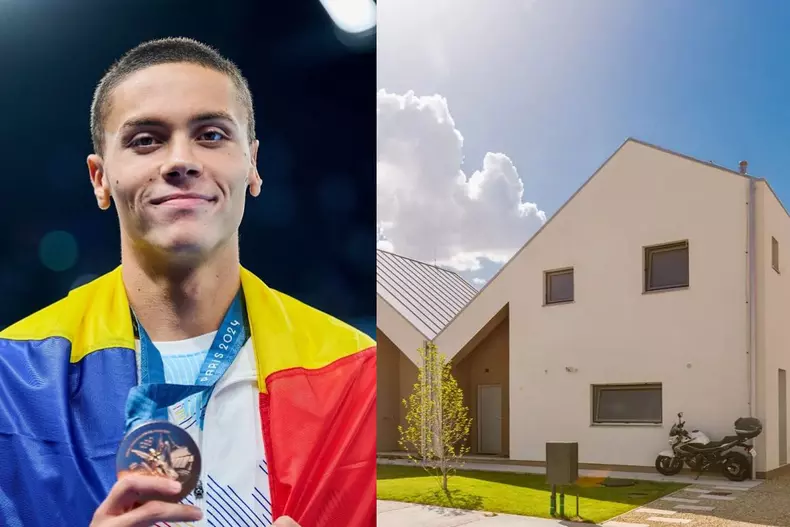 Colaj foto cu David Popovici și vila în care locuiește