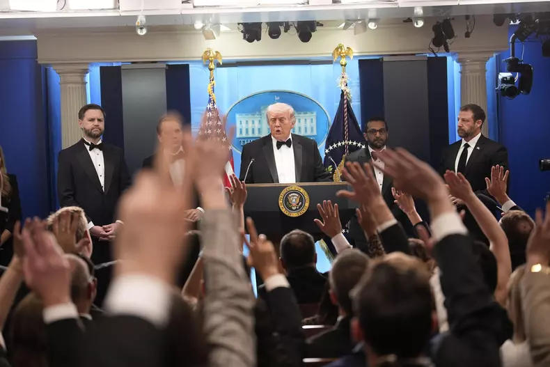 United States President Donald J Trump makes remarks in the James S Brady Press Briefing Room of the White House in Washington, DC, USA, after shots were fired at the Washington Hilton Hotel in Washington, DC as the President and first lady Melania Trump